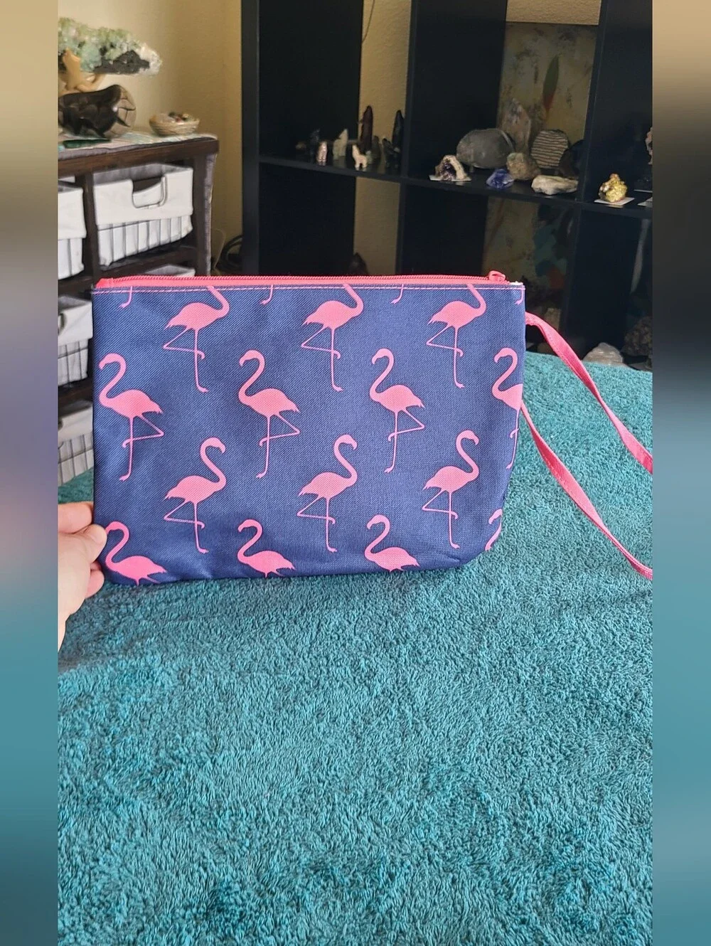 Pink Flamingo Print Wristlet In Navy and Pink